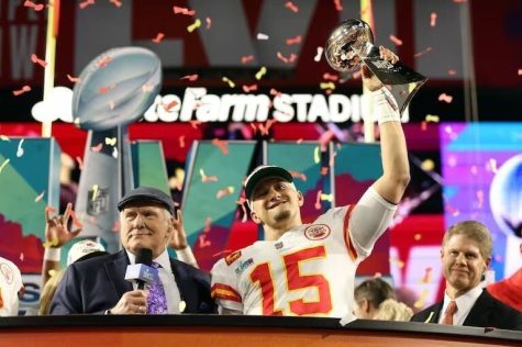 Patrick Mahomes hoisting up the Vince Lombardi Trophy as the Chiefs go on to win their second Super Bowl in three years. (Photo by Christian Peterson/Getty Images)