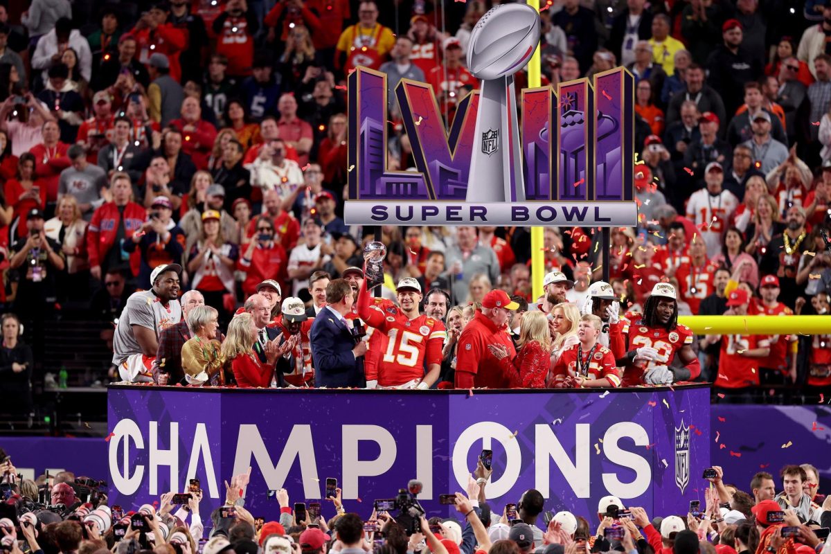 Mahomes hoisting the Vince Lombardi Trophy, as the Kansas City Chiefs celebrate winning Super Bowl LVIII
