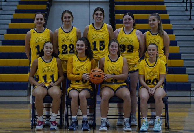 A team photo of the 2023-24 MCLA Women's Basketball team. The 2024-25 season would be cancelled in large part due to a lack of players on the roster this year. 